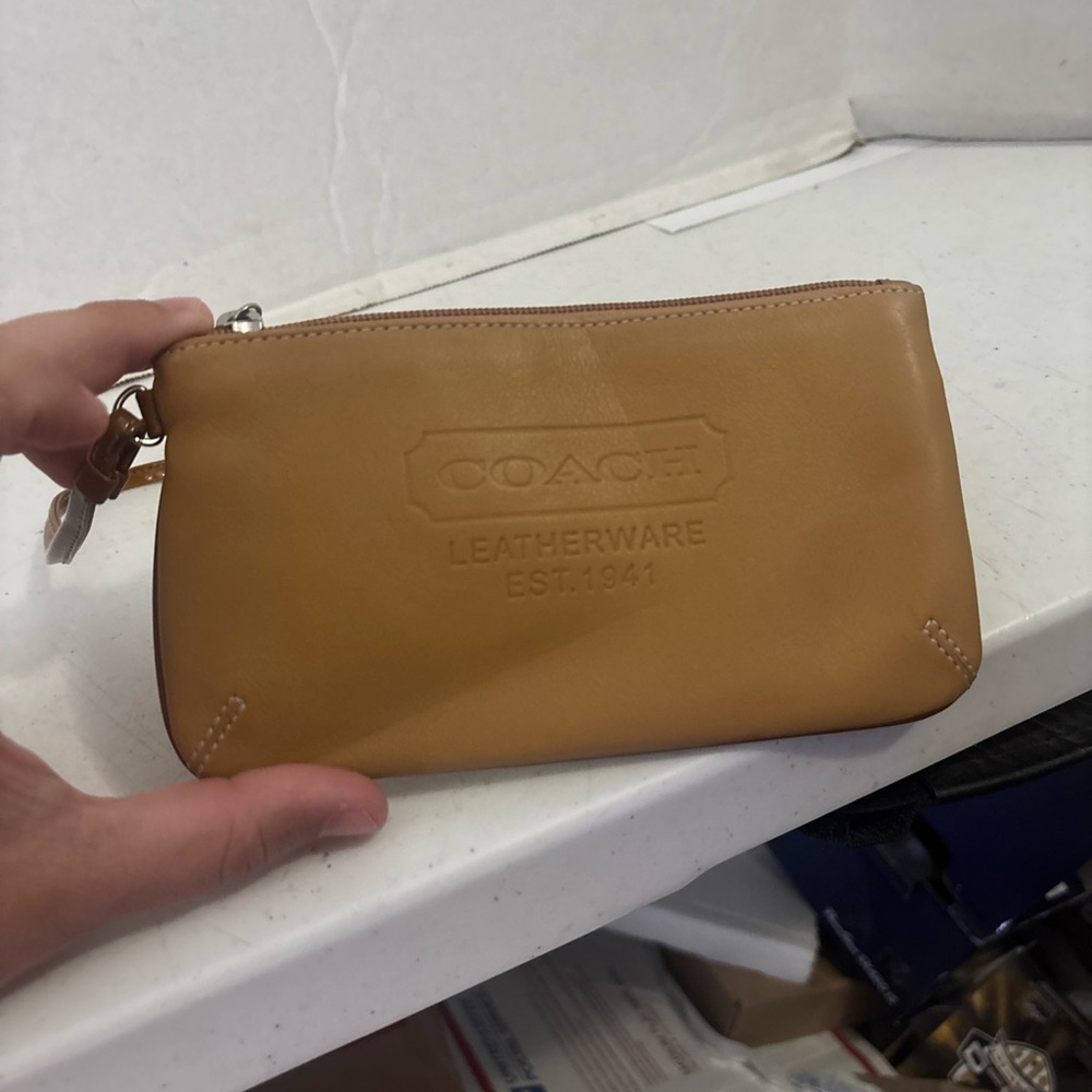 Coach Leather Wrist Pouch in Mustard